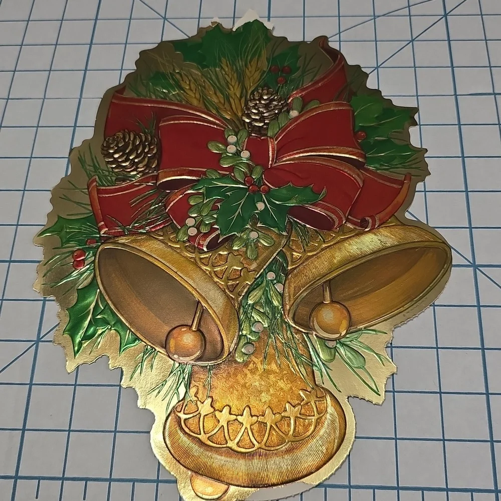 Die‎ Cut Foiled Cardboard Christmas Decorations Vtg Three Bells 13.5x10